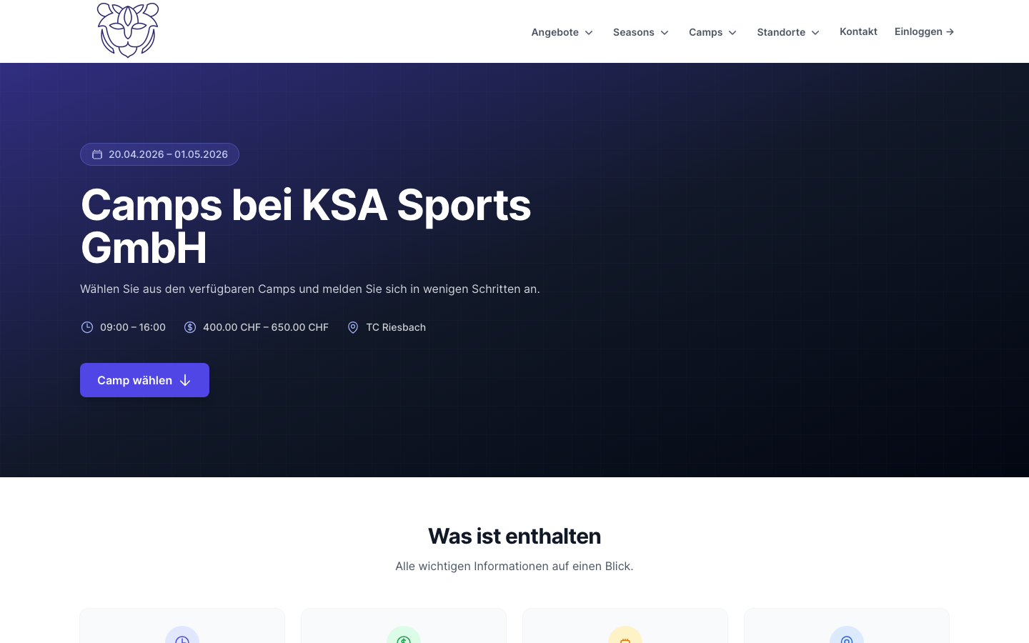Camp detail page with hero, schedule, pricing, and application CTA
