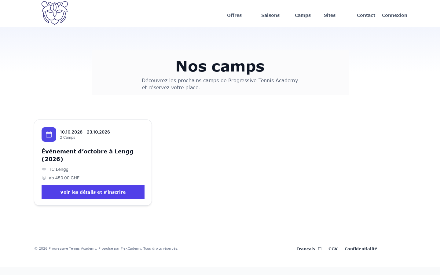 Pages de présentation des camps avec capacités et parcours d’inscription