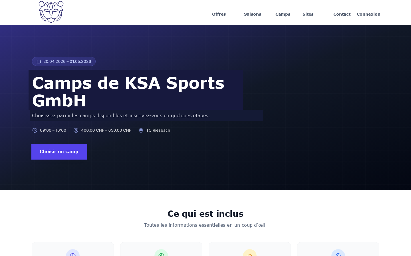 Page détaillée d’un camp avec visuel d’en-tête, horaires, tarifs et bouton d’inscription