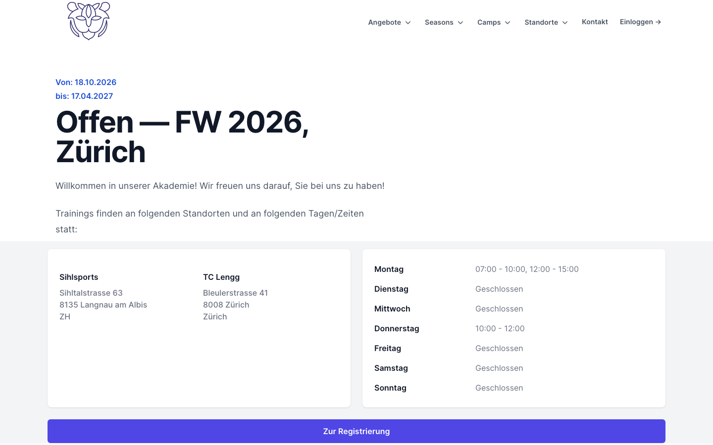 Public season page with locations, training windows, and registration